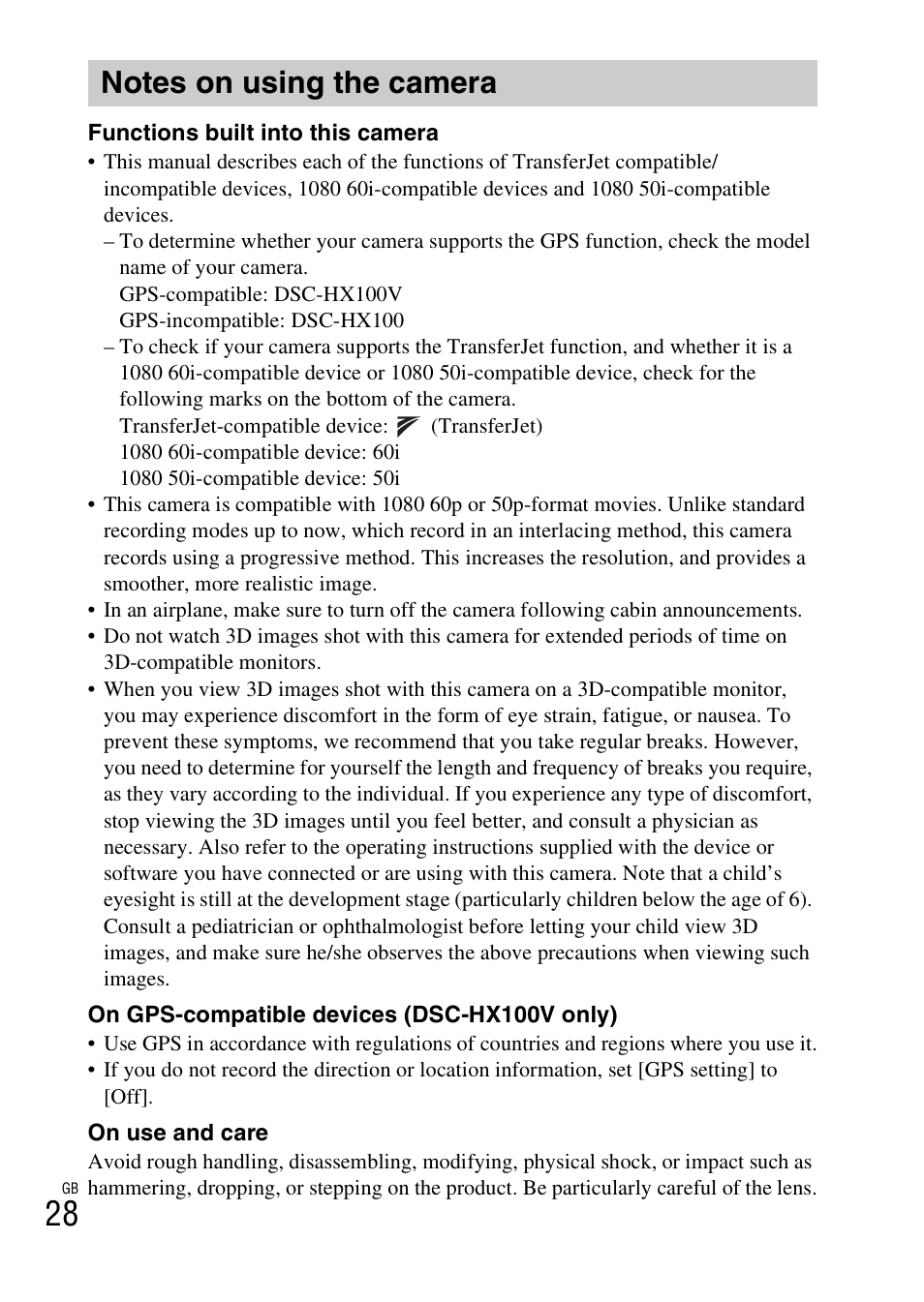 Notes on using the camera | Sony DSC-HX100V User Manual | Page 28 / 64