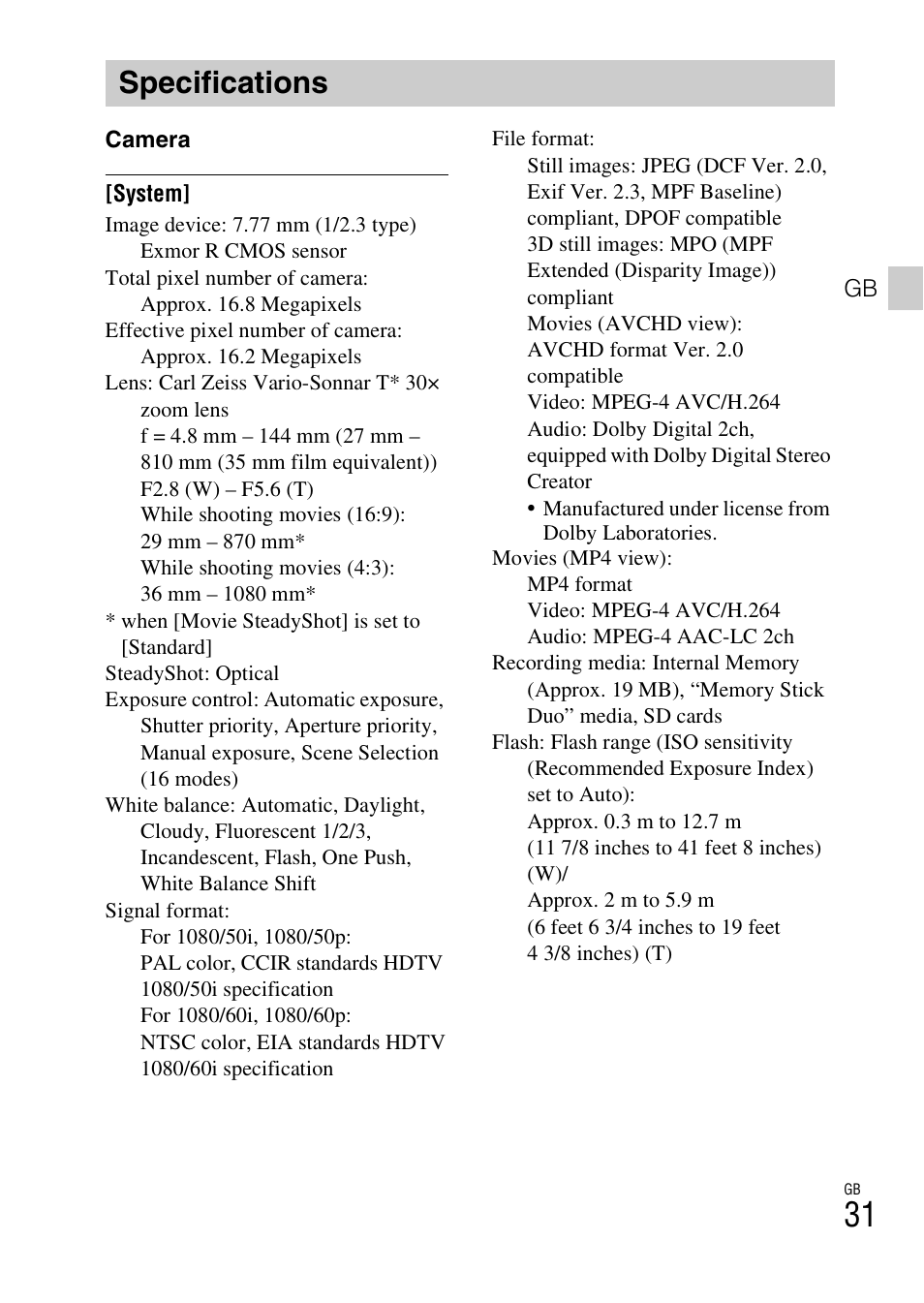 Specifications | Sony DSC-HX100V User Manual | Page 31 / 64