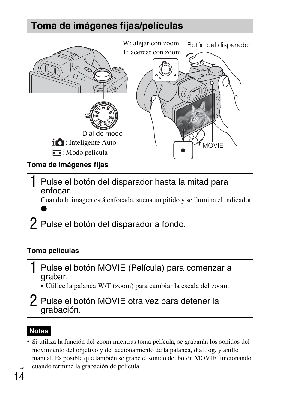 Toma de imágenes fijas/películas | Sony DSC-HX100V User Manual | Page 46 / 64