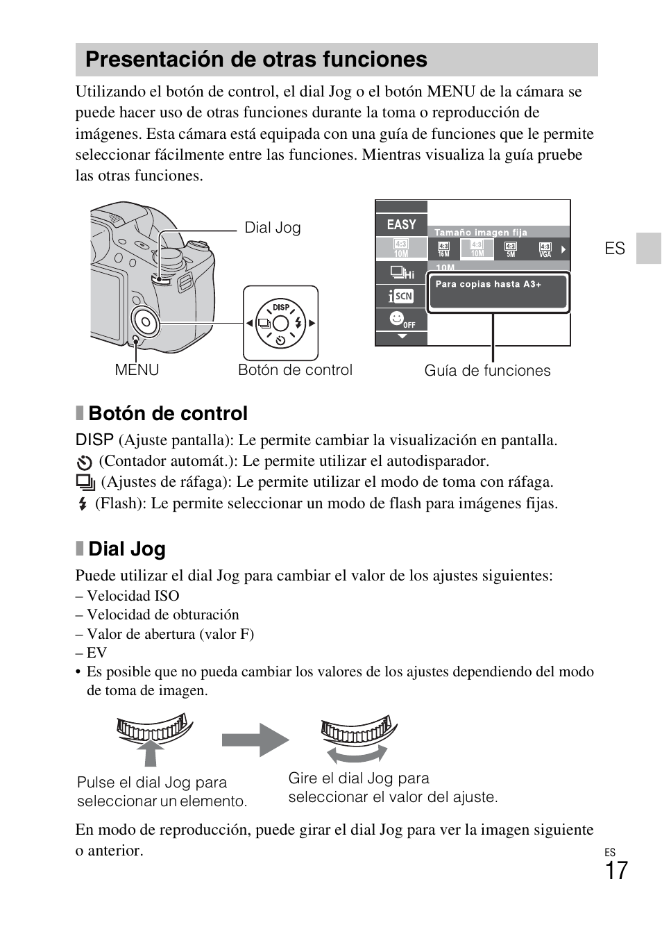 Presentación de otras funciones, Xbotón de control, Xdial jog | Sony DSC-HX100V User Manual | Page 49 / 64
