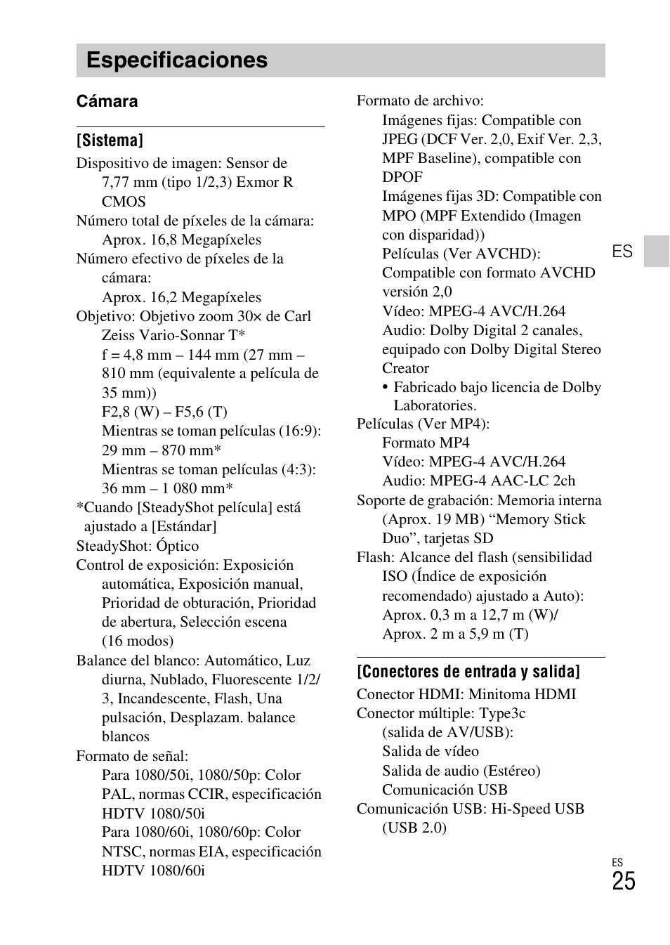 Especificaciones | Sony DSC-HX100V User Manual | Page 57 / 64