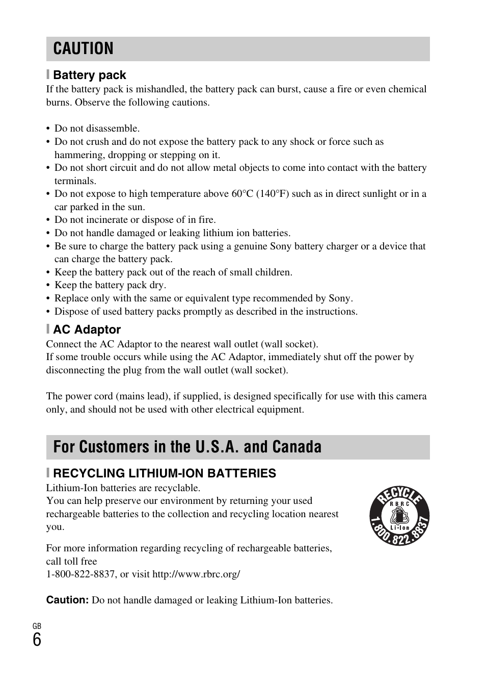Caution for customers in the u.s.a. and canada | Sony DSC-HX100V User Manual | Page 6 / 64