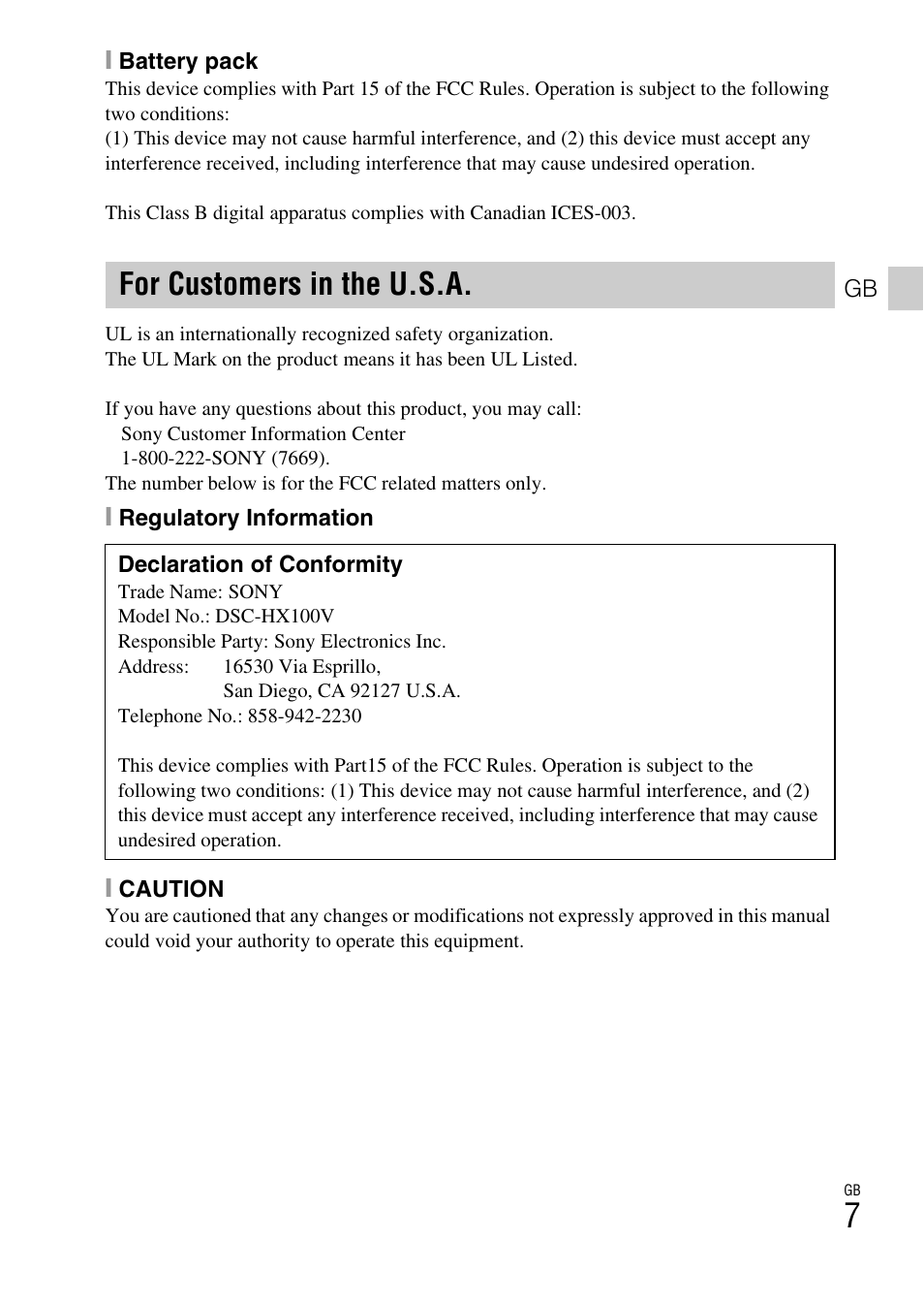 For customers in the u.s.a | Sony DSC-HX100V User Manual | Page 7 / 64