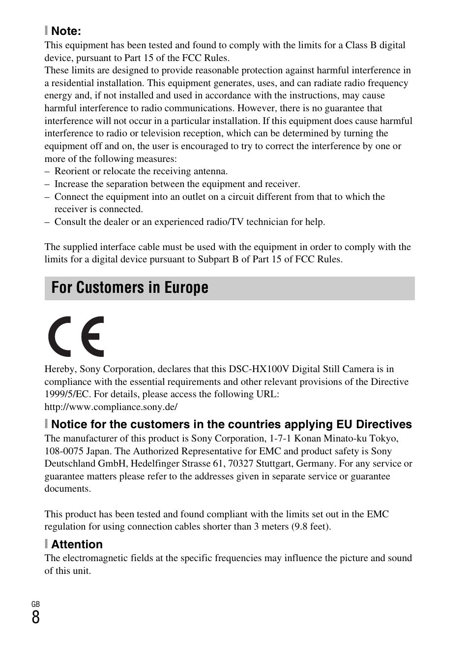 For customers in europe | Sony DSC-HX100V User Manual | Page 8 / 64