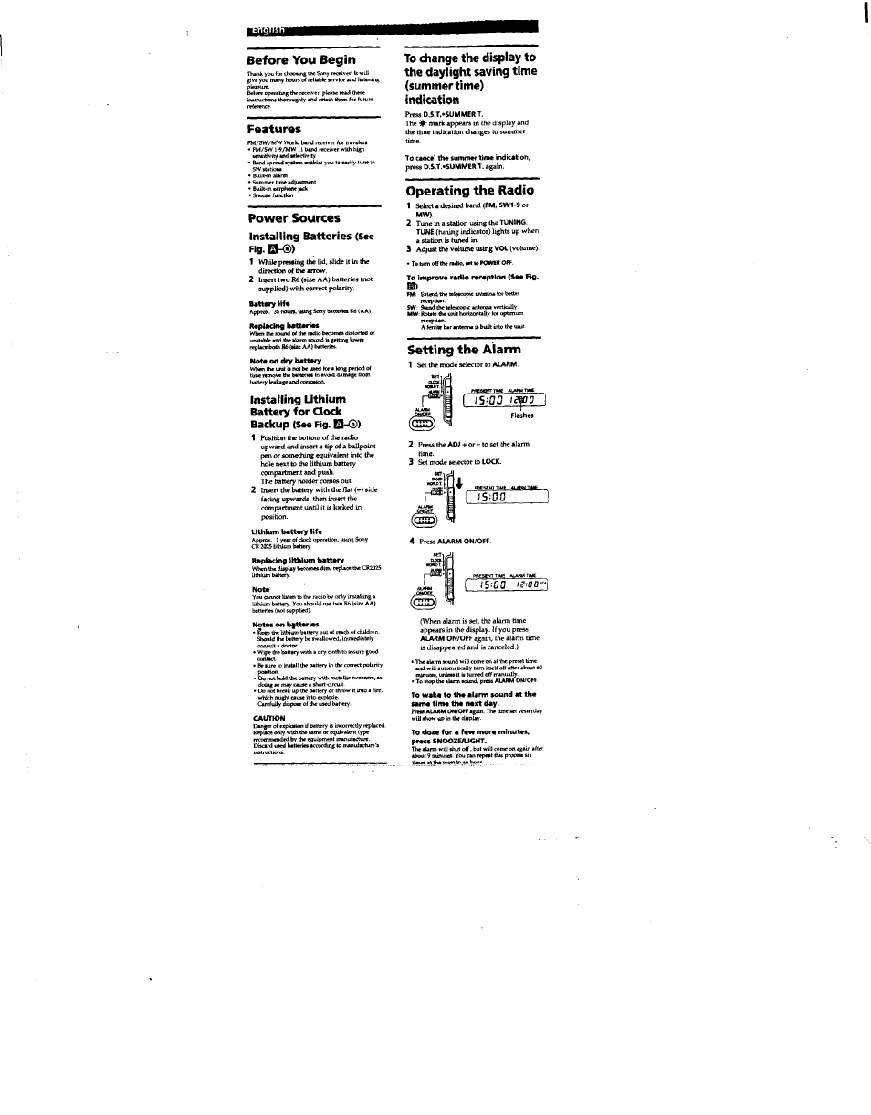 Before you begin, Features, Power sources | Battsry hf, Iteplacing batterim, Note on dry battery, Uthium batt«ry life, Repfadng (fthfum b«tf*ry, Note, Notes on bgttorios | Sony ICF-SW12 User Manual | Page 3 / 4