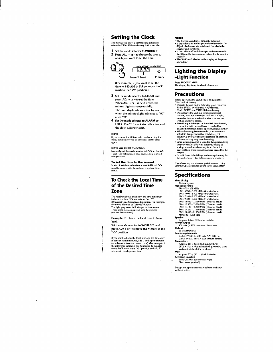 Setting the clock, Present time, Note | Note on lock function, To set the time to the second, To check the local time of the desired time zone, Notes, Lighting the display, Press snooze/ught, Precautions | Sony ICF-SW12 User Manual | Page 4 / 4