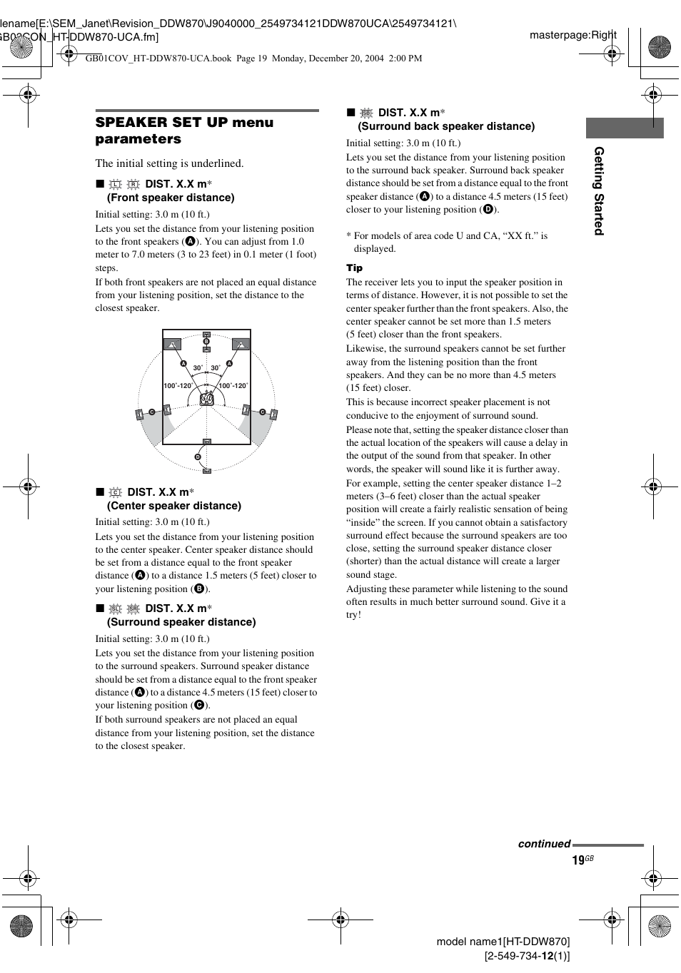Speaker set up menu parameters, Gettin g star ted | Sony HT-DDW870 User Manual | Page 19 / 60