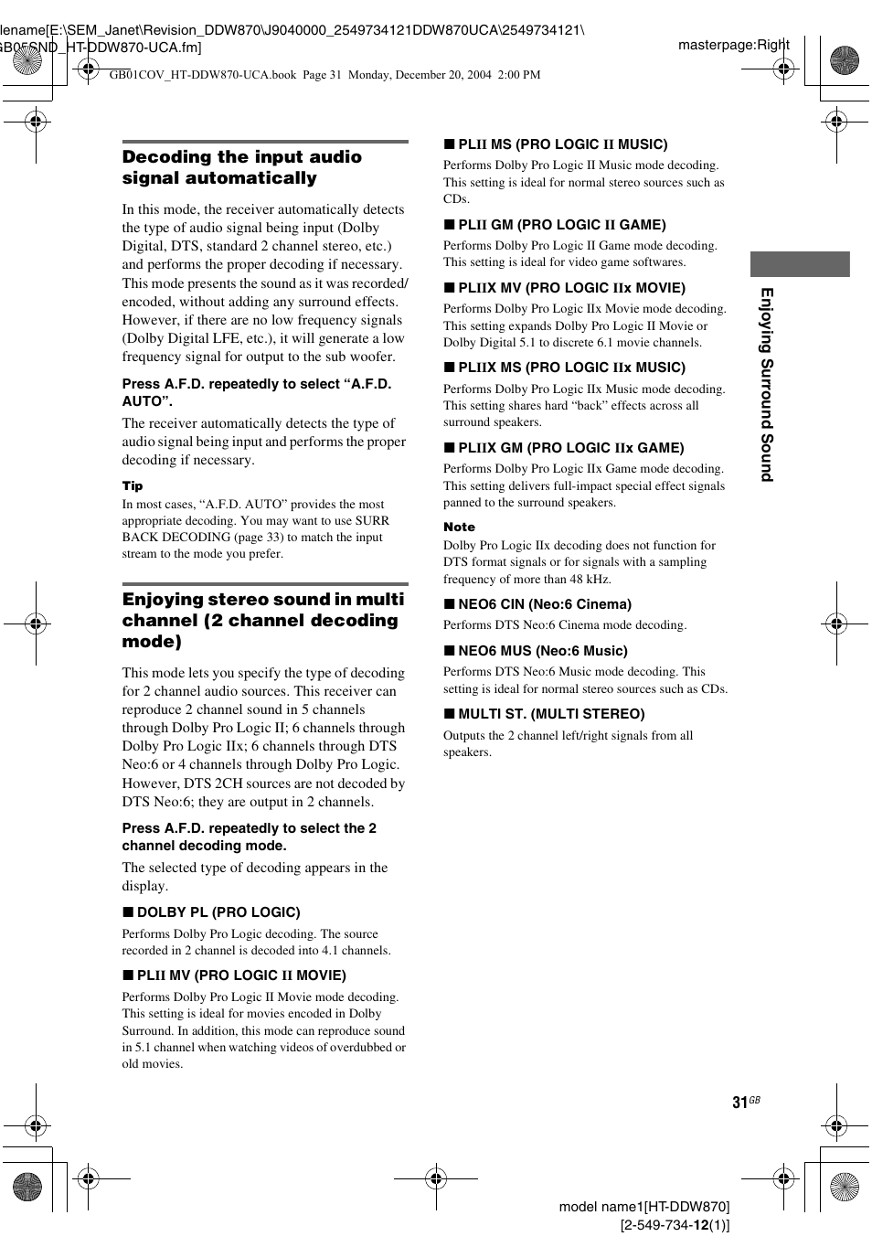 Decoding the input audio signal automatically | Sony HT-DDW870 User Manual | Page 31 / 60