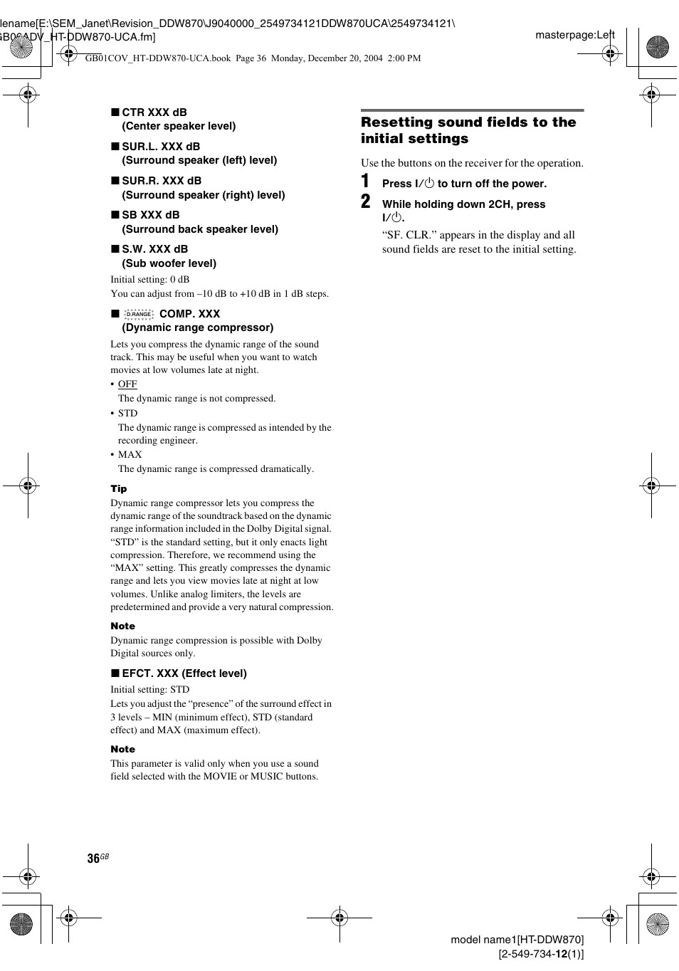 Resetting sound fields to the initial settings | Sony HT-DDW870 User Manual | Page 36 / 60