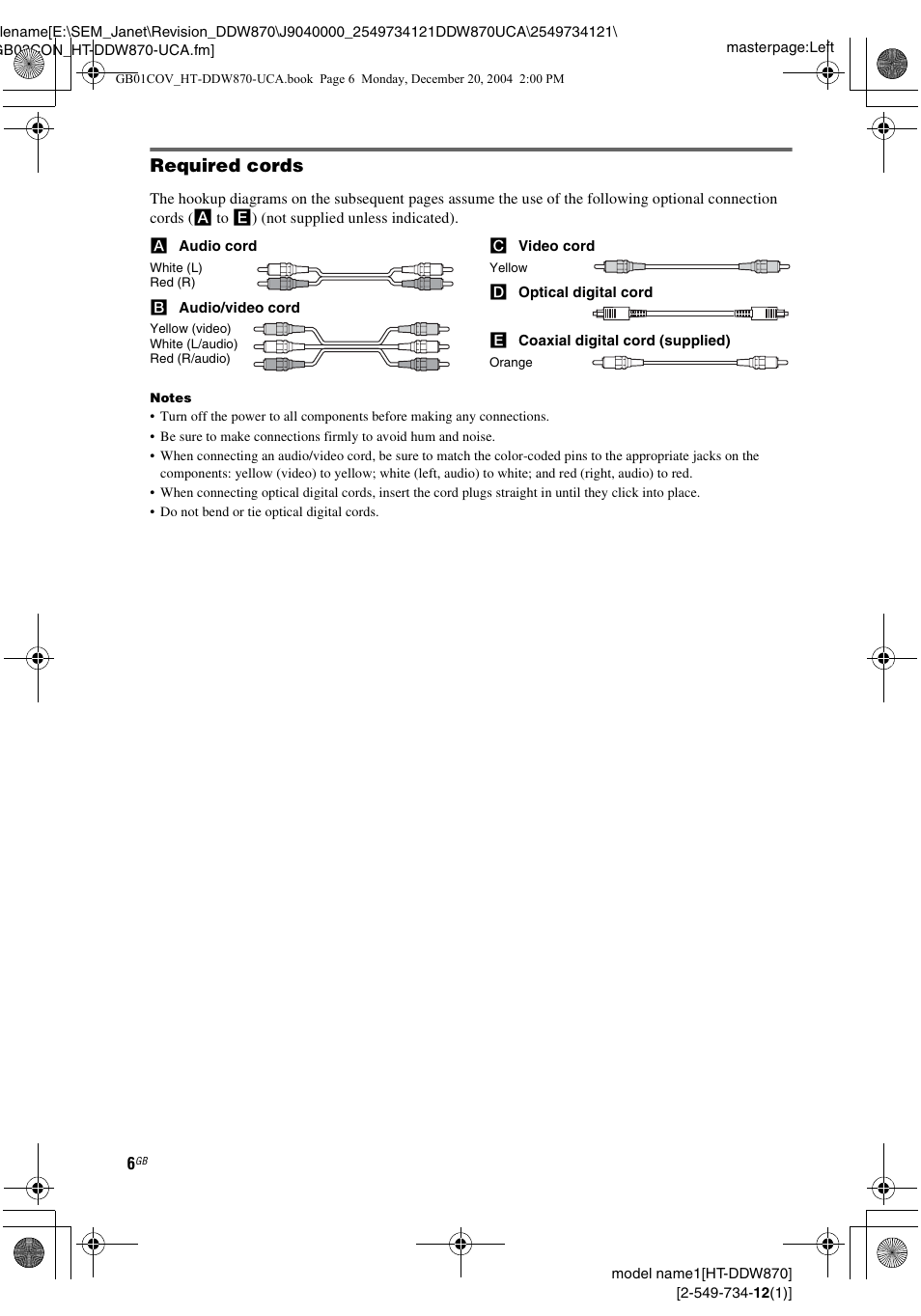 Required cords | Sony HT-DDW870 User Manual | Page 6 / 60