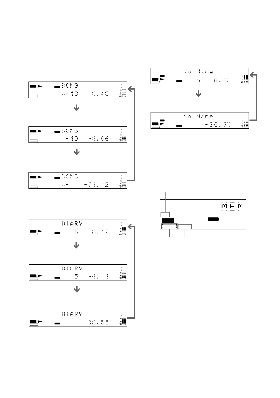 Display while recording, Display for disc information of deck b, Display while playing | The cd-r/rw indicator, The toc indicator, Deck a deck b, Deck b, Toc indicator cd text indicator, Cd - rw | Sony RCD-W50C User Manual | Page 10 / 32