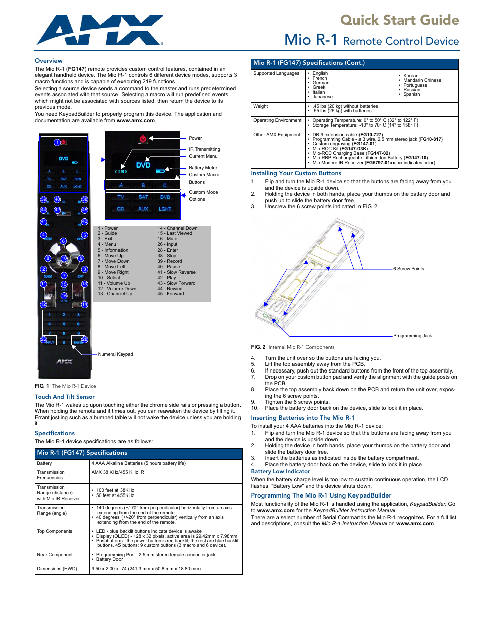 AMX Mio R-1 User Manual | 2 pages