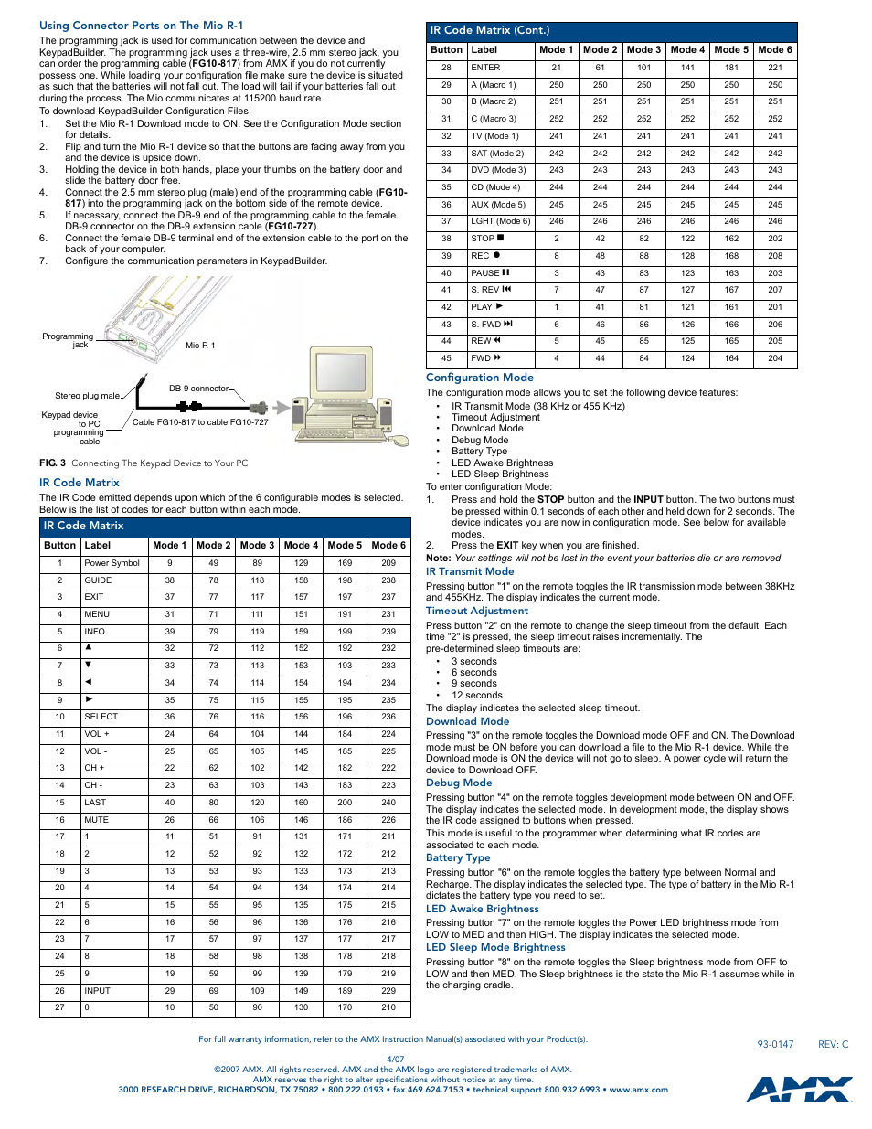 Using connector ports on the mio r-1, Ir code matrix, Configuration mode | Ir transmit mode, Timeout adjustment, Download mode, Debug mode, Battery type, Led awake brightness, Led sleep mode brightness | AMX Mio R-1 User Manual | Page 2 / 2