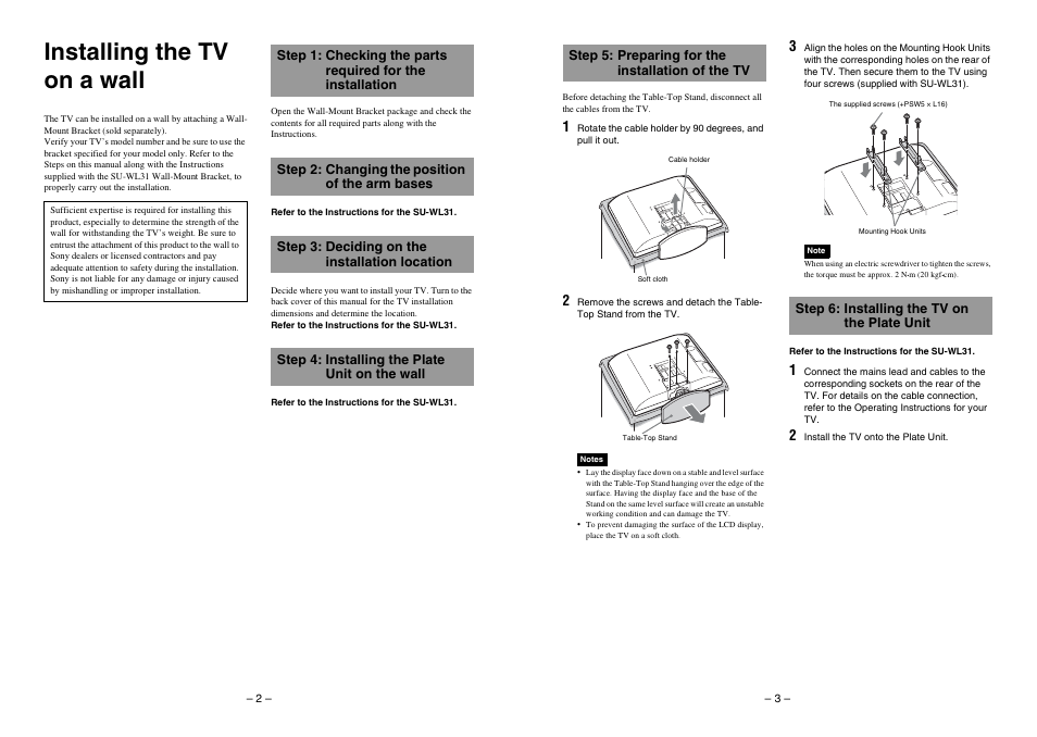 Installing the tv on a wall | Sony KDL-26S2010 User Manual | Page 2 / 2