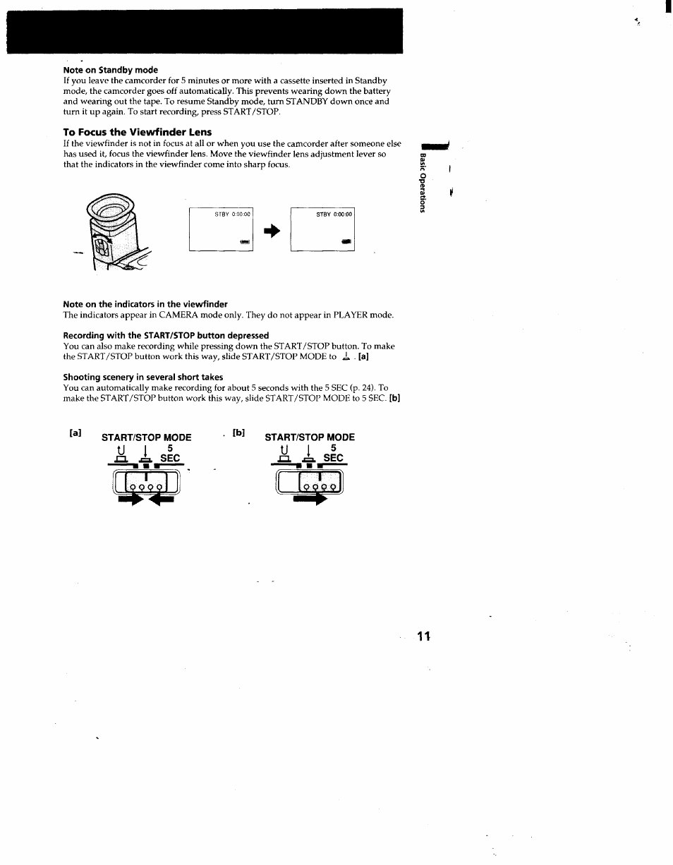 Note on standby mode, To focus the viewfinder lens, Note on the indicators in the viewfinder | Recording with the start/stop button depressed, Shooting scenery in several short takes, Start/stop mode | Sony CCD-TR66 User Manual | Page 11 / 51