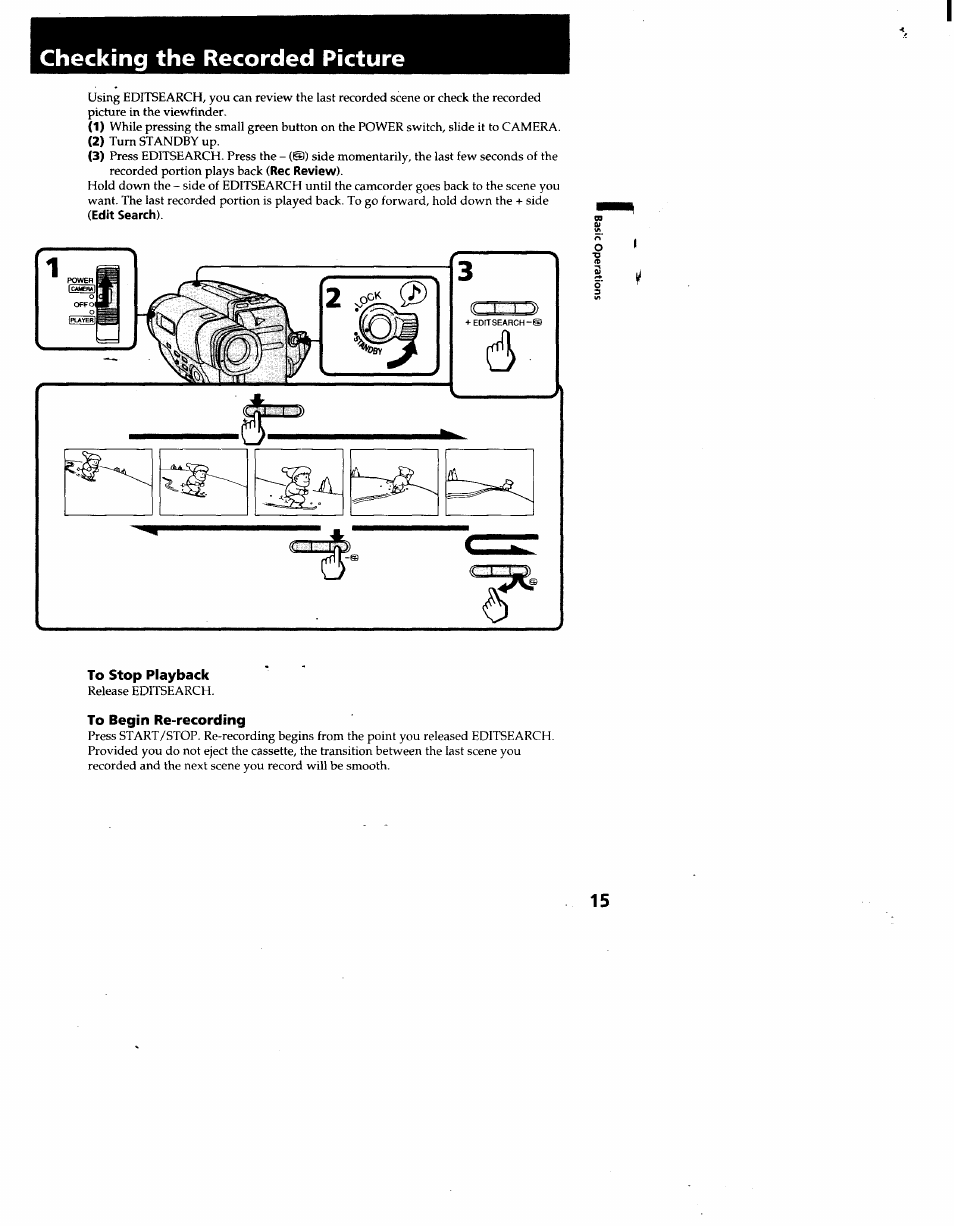 Checking the recorded picture, To stop playback, To begin re-recording | Sony CCD-TR66 User Manual | Page 15 / 51