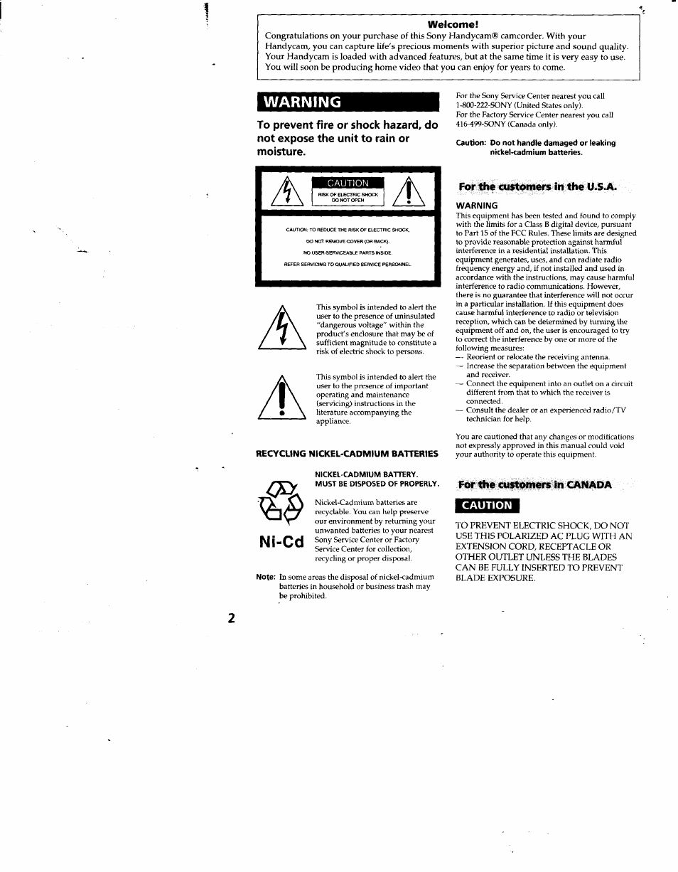 Welcome, For the customers in the u.s.a, Warning | Caution, Ni-cd | Sony CCD-TR66 User Manual | Page 2 / 51