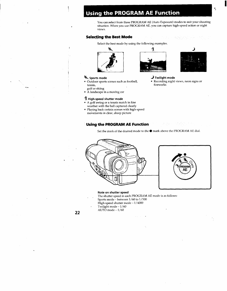 Using the program ae function, Selecting tiiie best mode, Sports mode | High-speed shutter mode, J twilight mode, Note on shutter speed | Sony CCD-TR66 User Manual | Page 22 / 51