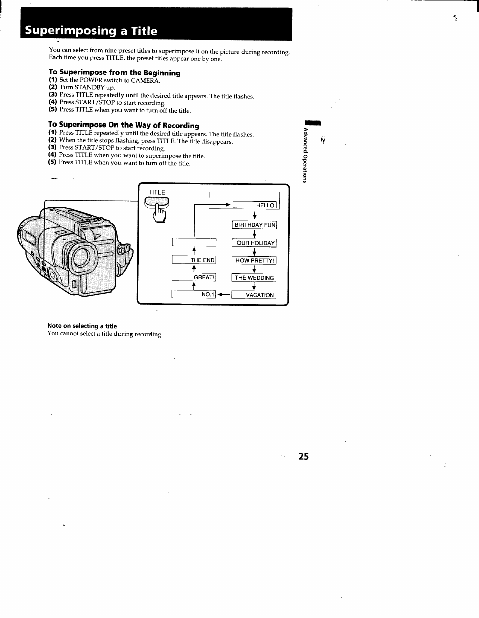 Superimposing a title, To superimpose from the beginning, To superimpose on the way of recording | Note on selecting a title | Sony CCD-TR66 User Manual | Page 25 / 51