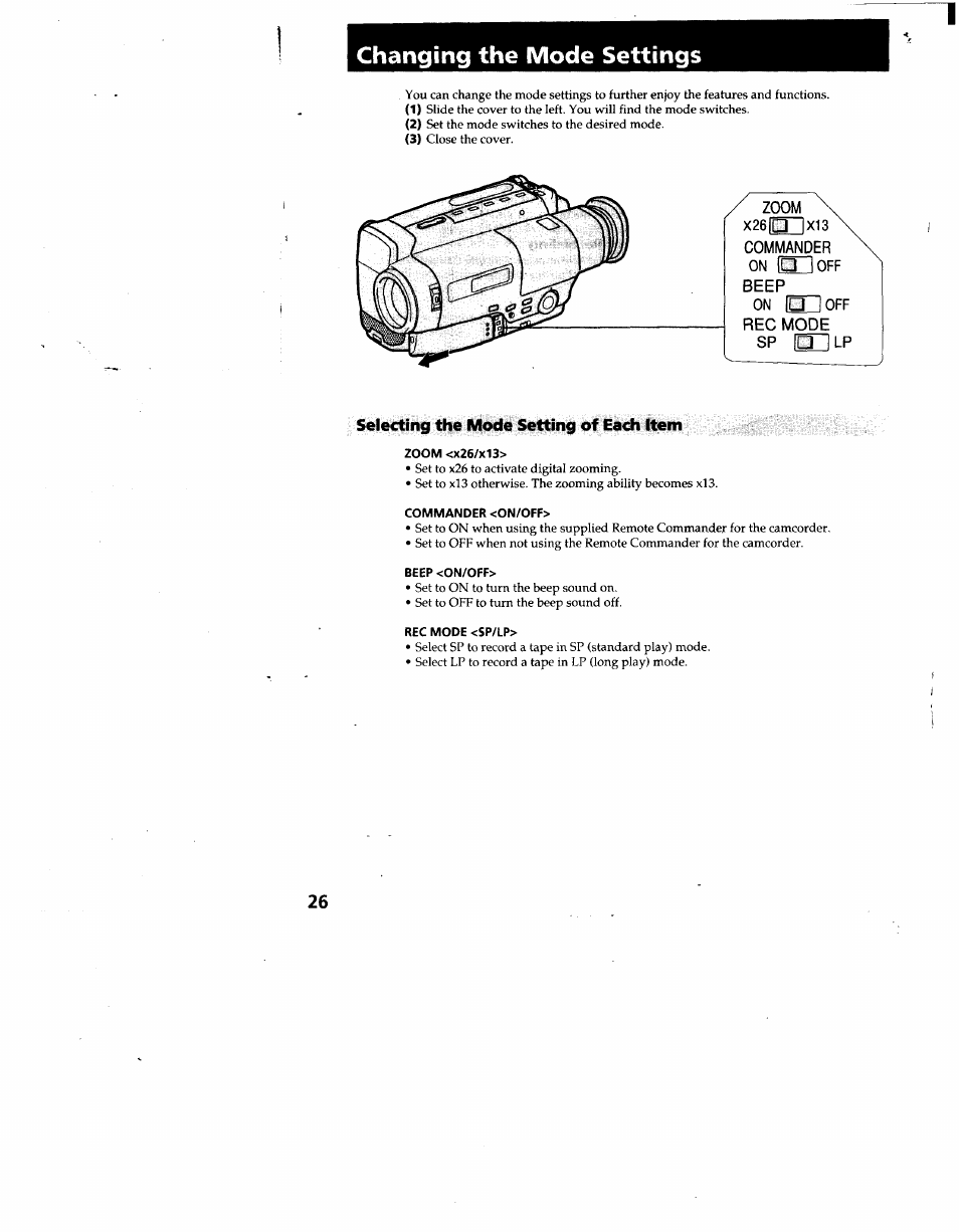 Changing the mode settings, Commander on dt beep, On oi | Rec mode sp, Selecting the mode setting of each item, Zoom <x26/x13, Commander <on/off, Beep <on/off, Rec mode <sp/lp | Sony CCD-TR66 User Manual | Page 26 / 51