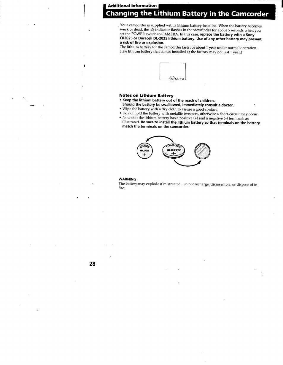Changing the lithium battery in the camcorder, Notes on lithium battery, Warning | Sony CCD-TR66 User Manual | Page 28 / 51