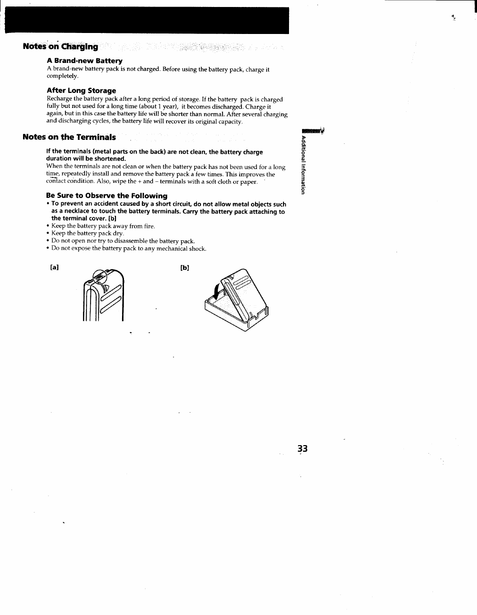 Notes on giarging, A brand-new battery, After long storage | Notes on the terminals, Be sure to observe the following | Sony CCD-TR66 User Manual | Page 33 / 51