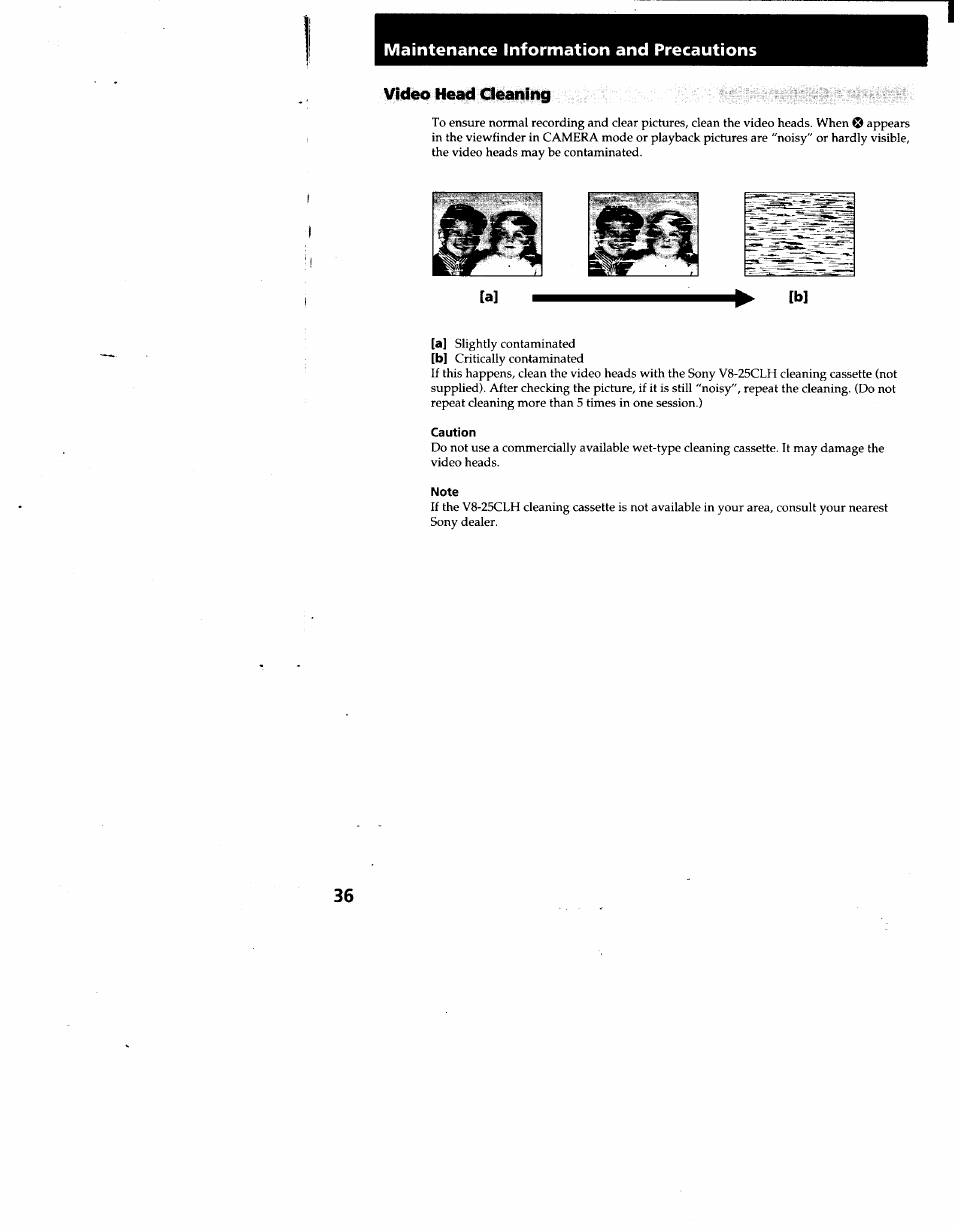 Maintenance information and precautions, Video head cleaning, Caution | Note | Sony CCD-TR66 User Manual | Page 36 / 51