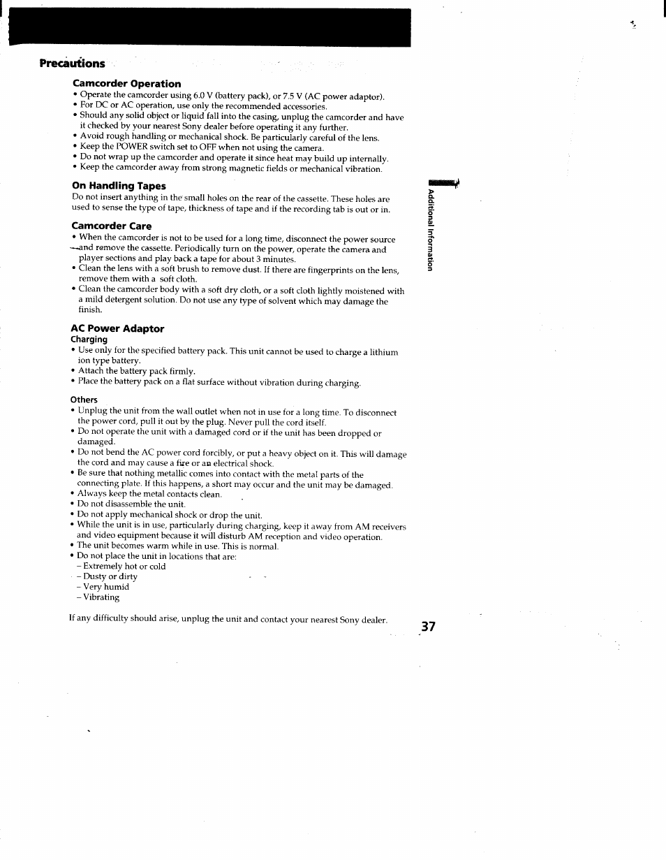 Precautions, Camcorder operation, On handling tapes | Camcorder care, Ac power adaptor, Charging, Others | Sony CCD-TR66 User Manual | Page 37 / 51