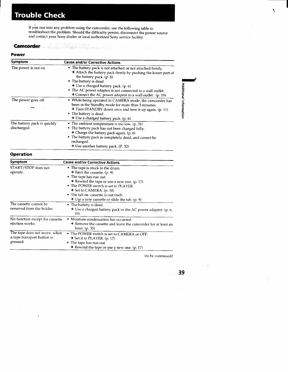 Trouble check, Camcorder, Power | Symptom, Cause and/or corrective actions, Operation | Sony CCD-TR66 User Manual | Page 39 / 51