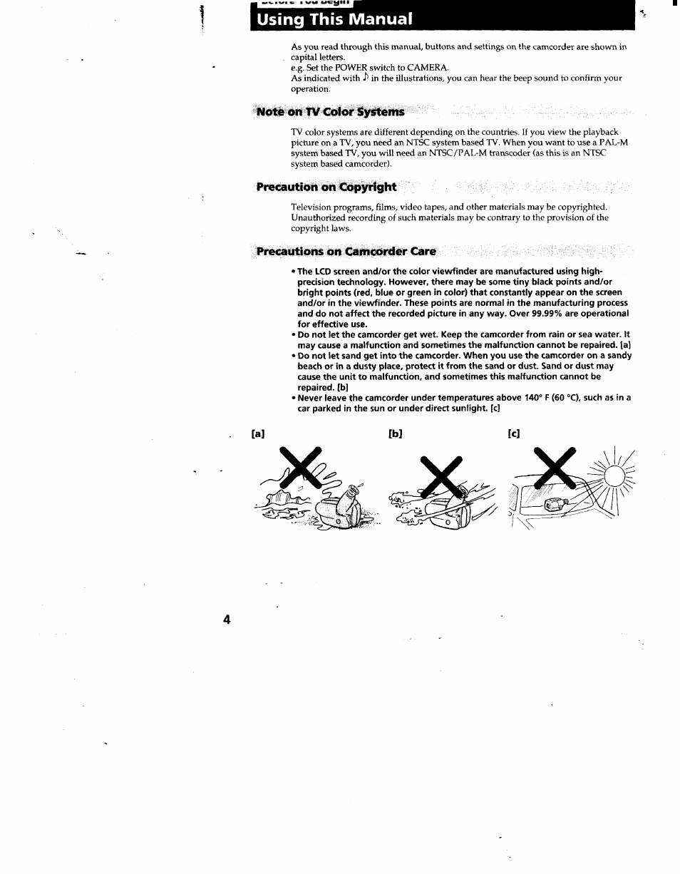 Using this manual, Note on tv color systems, Precaution on copyright | Precautions on camcorder care | Sony CCD-TR66 User Manual | Page 4 / 51