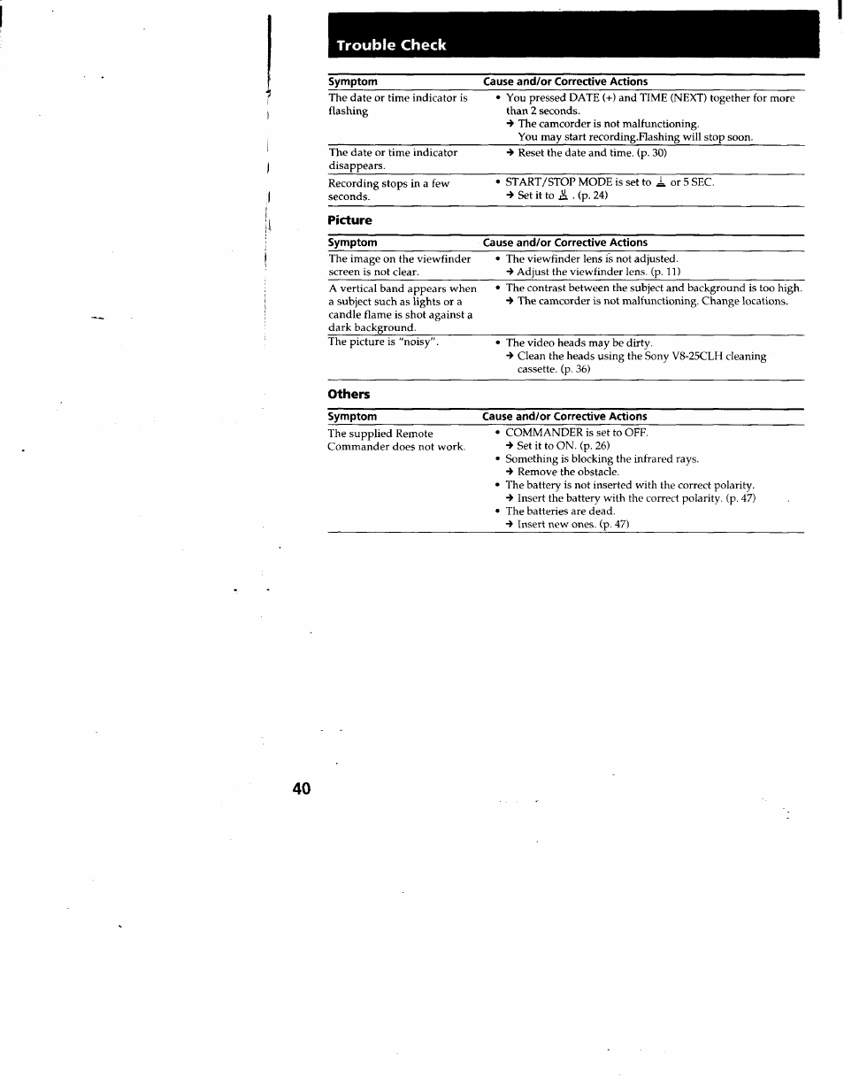 Trouble check | Sony CCD-TR66 User Manual | Page 40 / 51