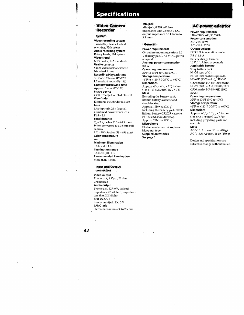 Specifications, Video camera recorder, Ac power adaptor | Sony CCD-TR66 User Manual | Page 42 / 51