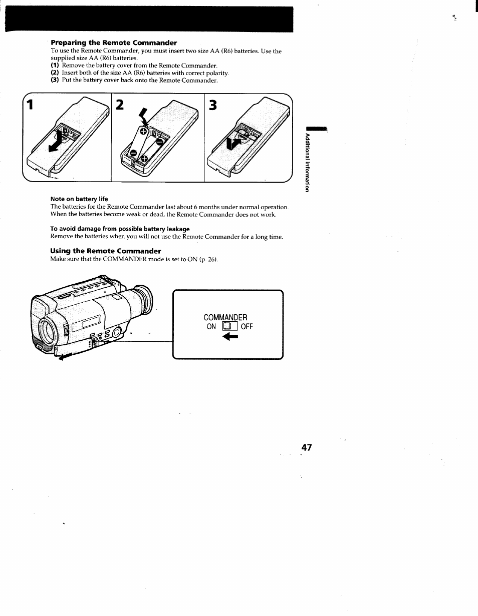 Preparing the remote commander, Note on battery life, To avoid damage from possible battery leakage | Using the remote commander | Sony CCD-TR66 User Manual | Page 47 / 51