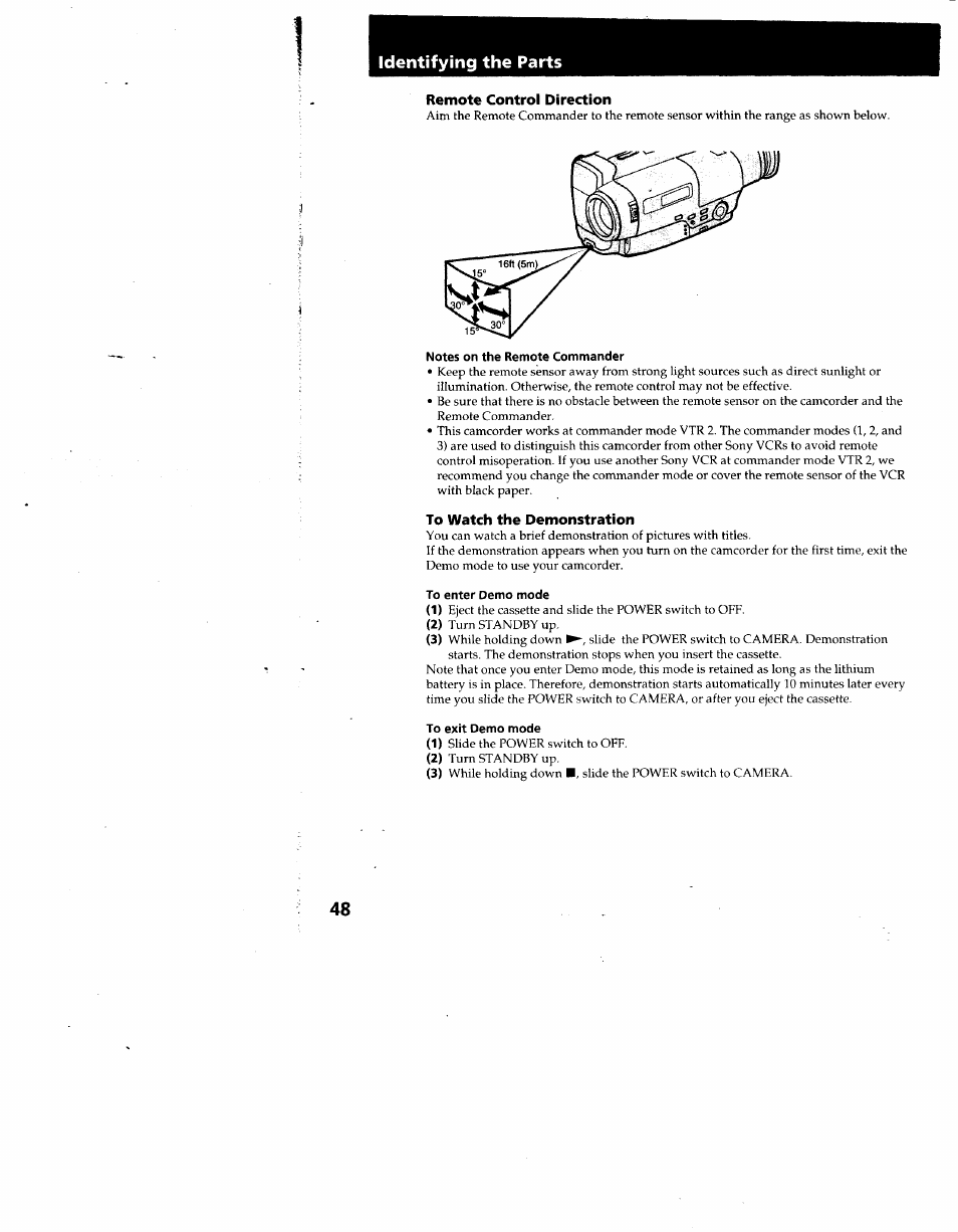 Remote control direction, Notes on the remote commander, To watch the demonstration | To enter demo mode, To exit demo mode, Identifying the parts | Sony CCD-TR66 User Manual | Page 48 / 51