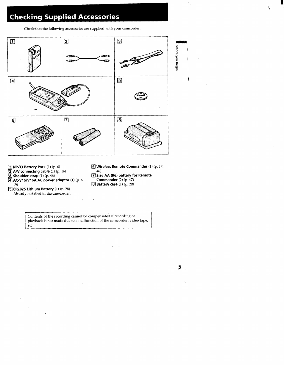 Checking supplied accessories, M np-33 battery pack (1) (p. 6), 2] a/v connecting cable (1) {p. 16) | 3] shoulder strap (1) (p. 46), 4] ac-v16/v16a ac power adaptor (1) (p. 6, Scr2025 lithium battery (1) (p. 28), H] wireless remote commander (1) (p. 17 | Sony CCD-TR66 User Manual | Page 5 / 51