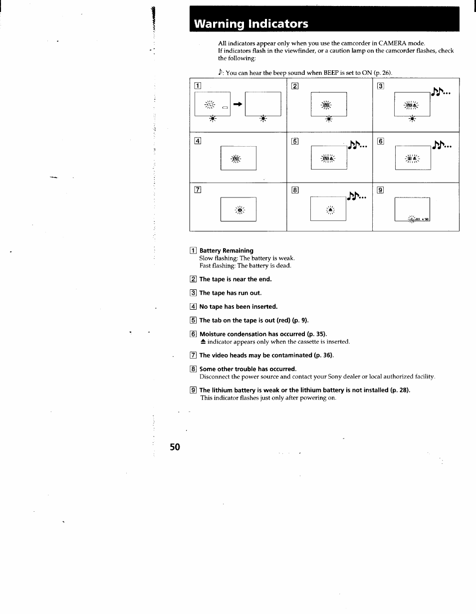 Warning indicators | Sony CCD-TR66 User Manual | Page 50 / 51