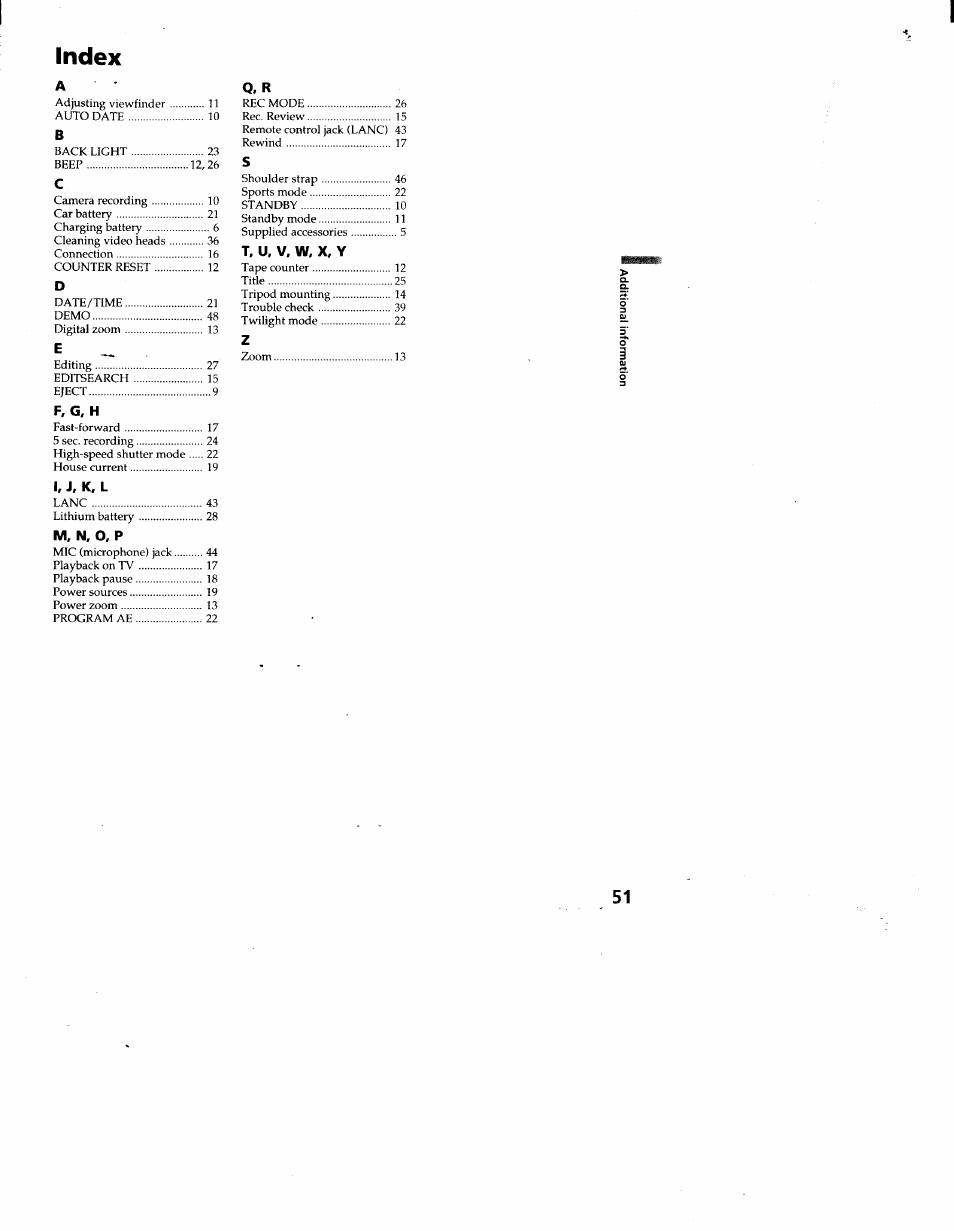 Index | Sony CCD-TR66 User Manual | Page 51 / 51