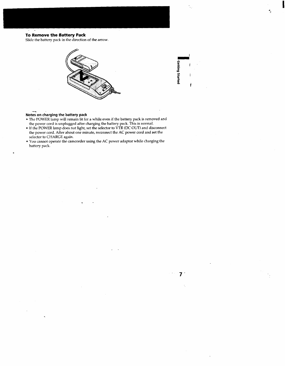 To remove the battery pack, Notes on charging the battery pack | Sony CCD-TR66 User Manual | Page 7 / 51