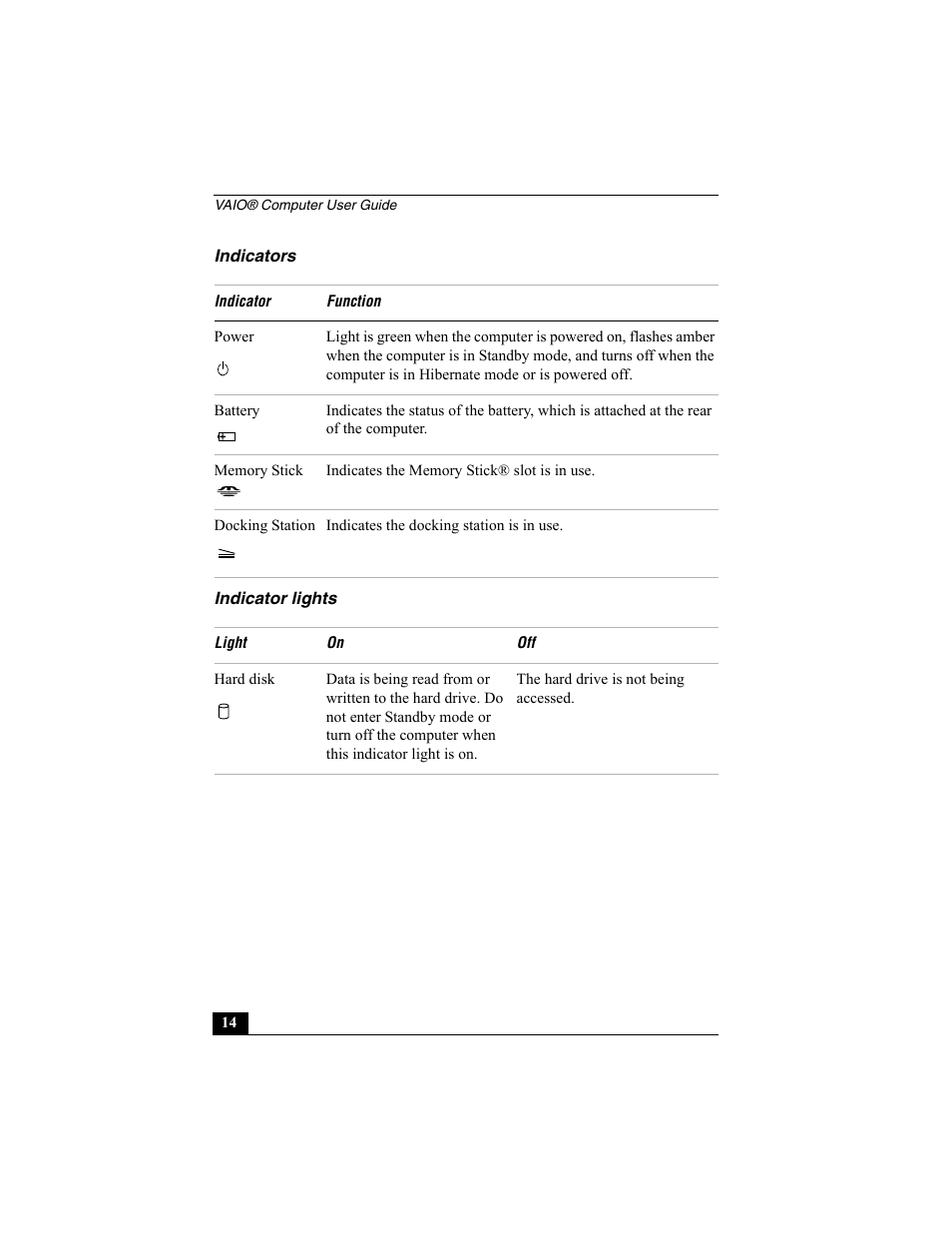 Indicators, Indicator lights, Indicators indicator lights | Sony PCG-R505ECK User Manual | Page 14 / 222