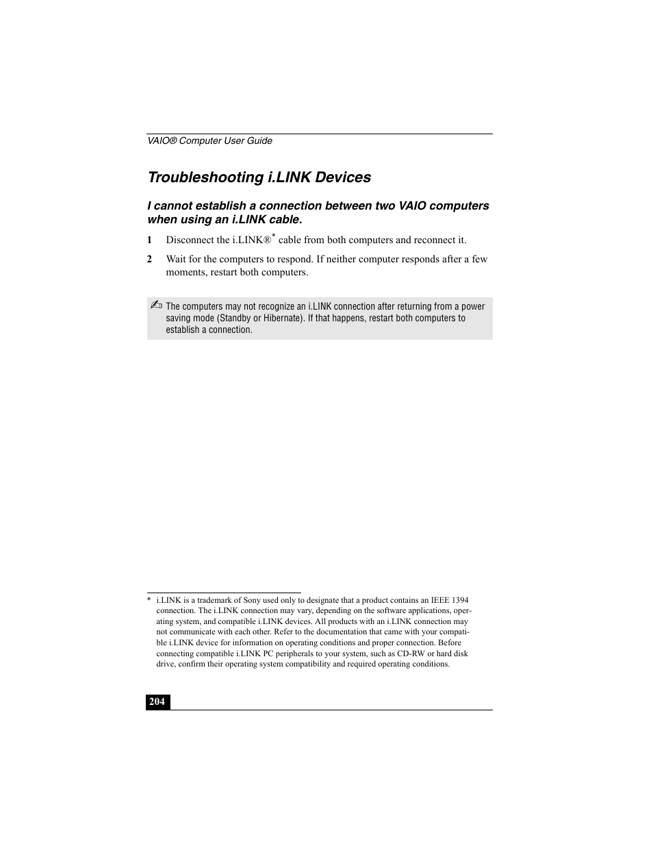 Troubleshooting i.link devices | Sony PCG-R505ECK User Manual | Page 204 / 222
