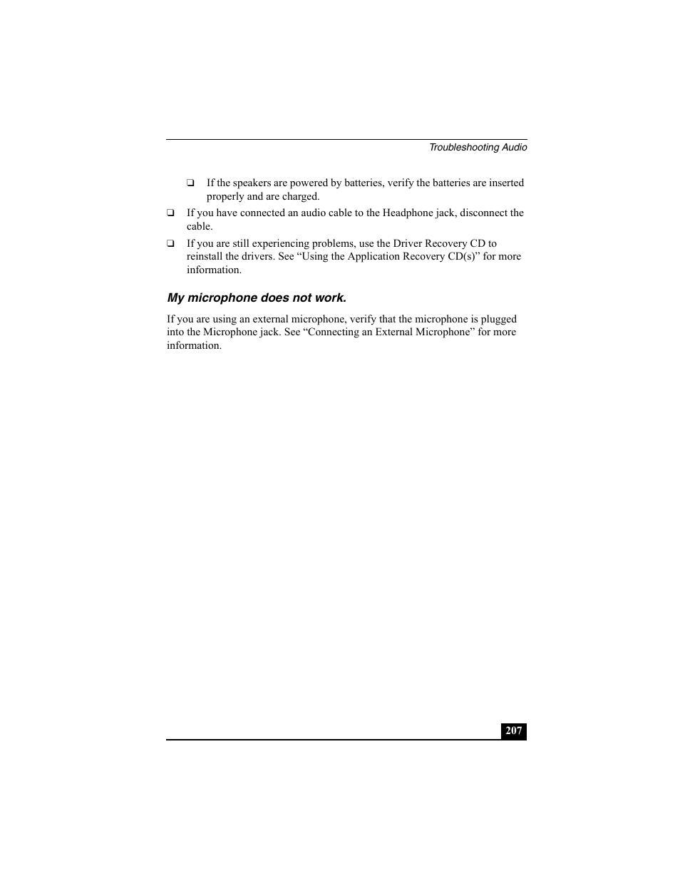 My microphone does not work | Sony PCG-R505ECK User Manual | Page 207 / 222
