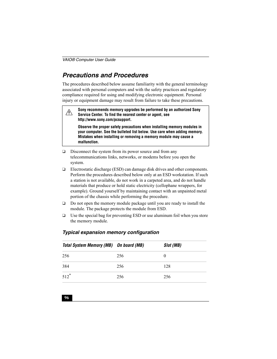 Precautions and procedures, Typical expansion memory configuration | Sony PCG-R505ECK User Manual | Page 96 / 222
