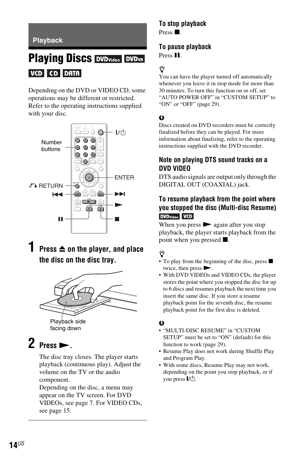 Playback, Playing discs, Disc tray (14) | Press n | Sony DVP-SR101P User Manual | Page 14 / 48