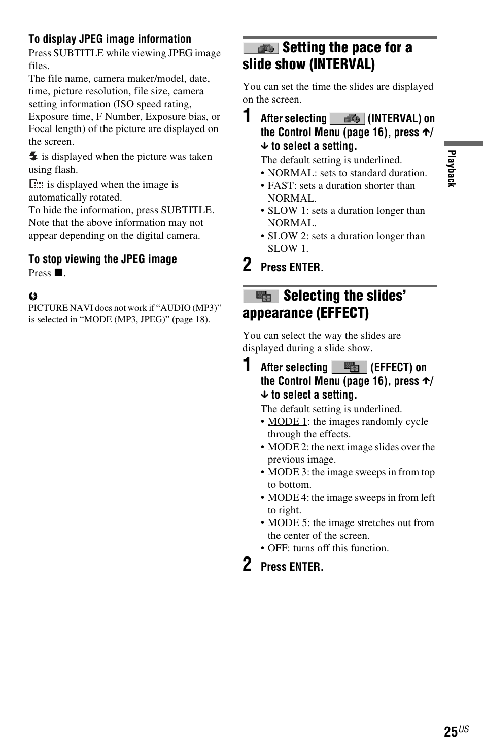Setting the pace for a slide show (interval), Selecting the slides’ appearance (effect) | Sony DVP-SR101P User Manual | Page 25 / 48