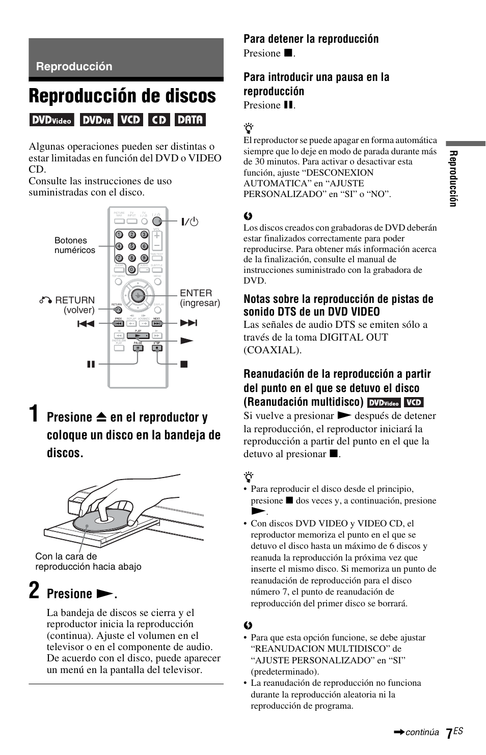 Reproducción, Reproducción de discos, Presione n | Para detener la reproducción, Para introducir una pausa en la reproducción | Sony DVP-SR101P User Manual | Page 45 / 48