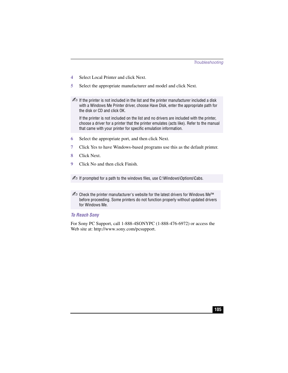 4 select local printer and click next, 6 select the appropriate port, and then click next, 8 click next | 9 click no and then click finish, To reach sony | Sony PCV-LX810 User Manual | Page 105 / 124