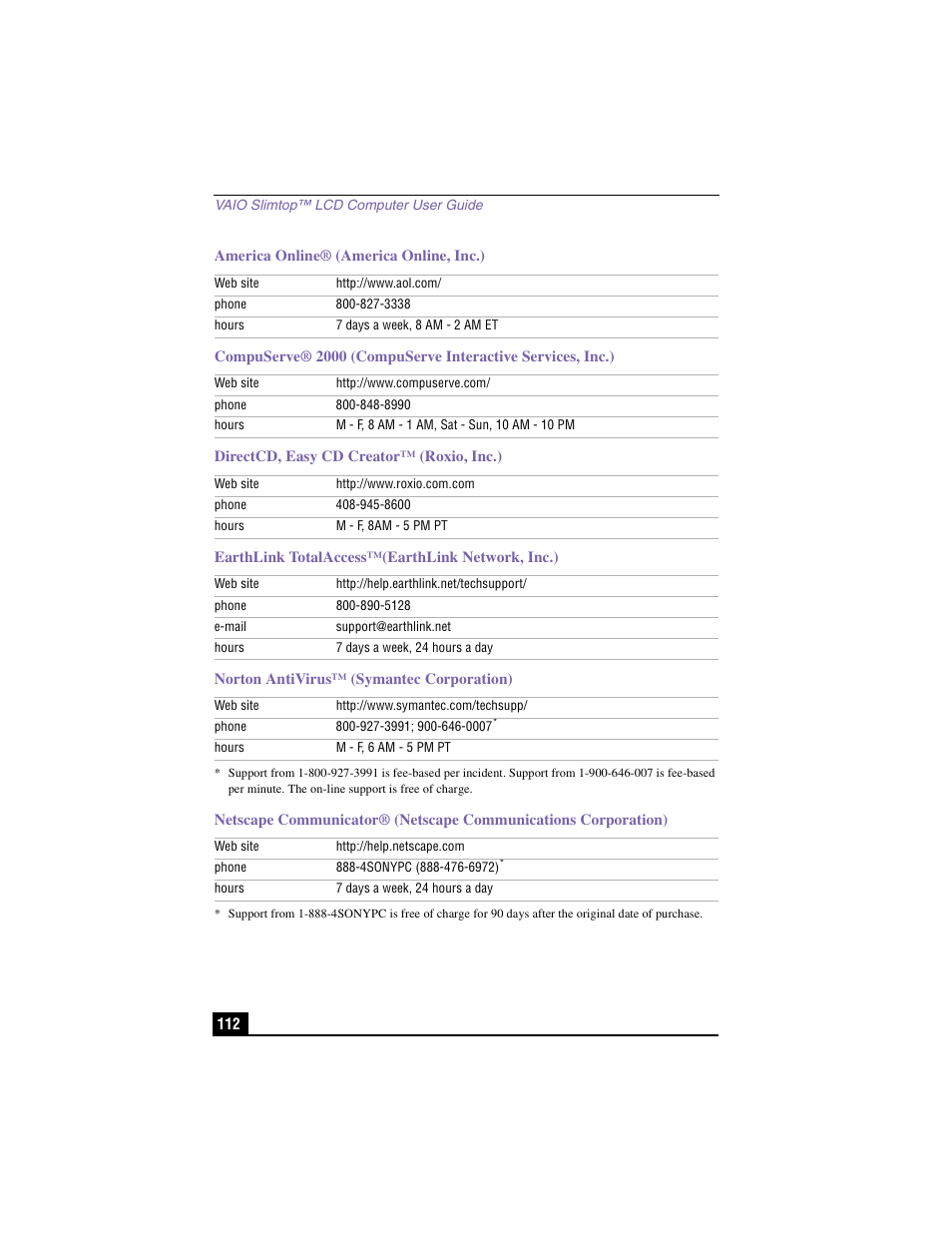 America online® (america online, inc.), Directcd, easy cd creator™ (roxio, inc.), Earthlink totalaccess™(earthlink network, inc.) | Norton antivirus™ (symantec corporation) | Sony PCV-LX810 User Manual | Page 112 / 124