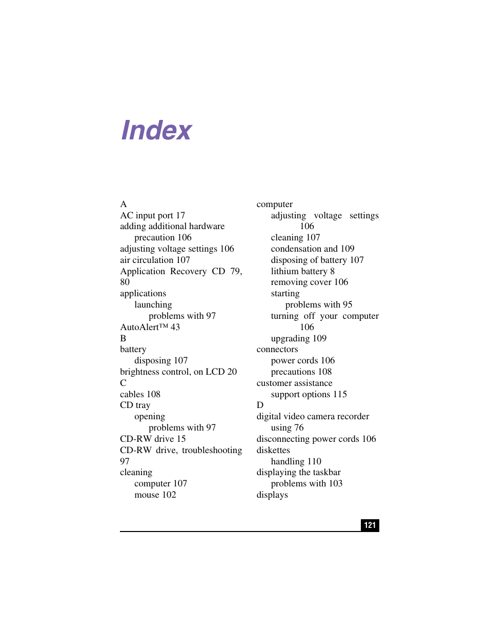 Index | Sony PCV-LX810 User Manual | Page 121 / 124