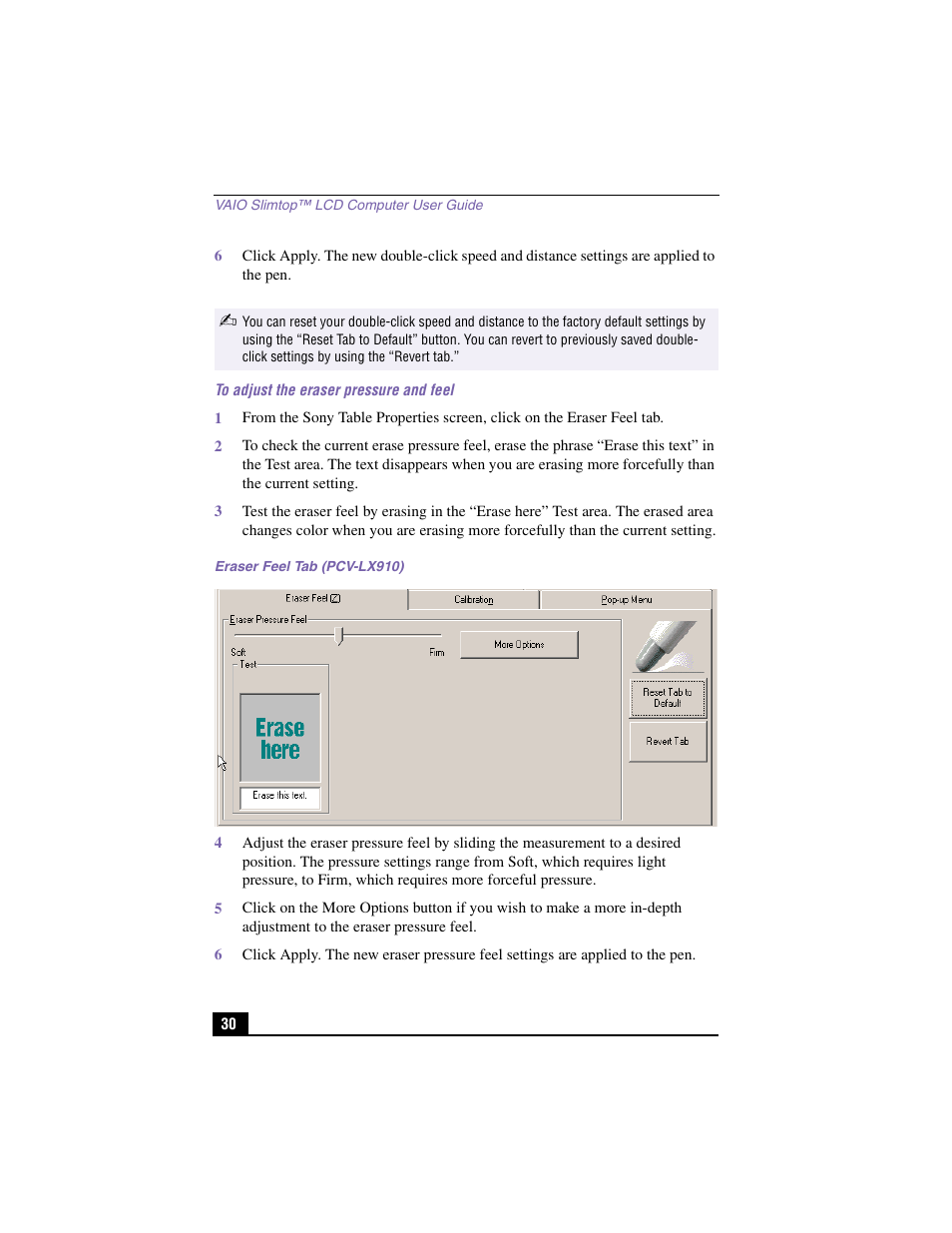 To adjust the eraser pressure and feel, Eraser feel tab (pcv-lx910) | Sony PCV-LX810 User Manual | Page 30 / 124