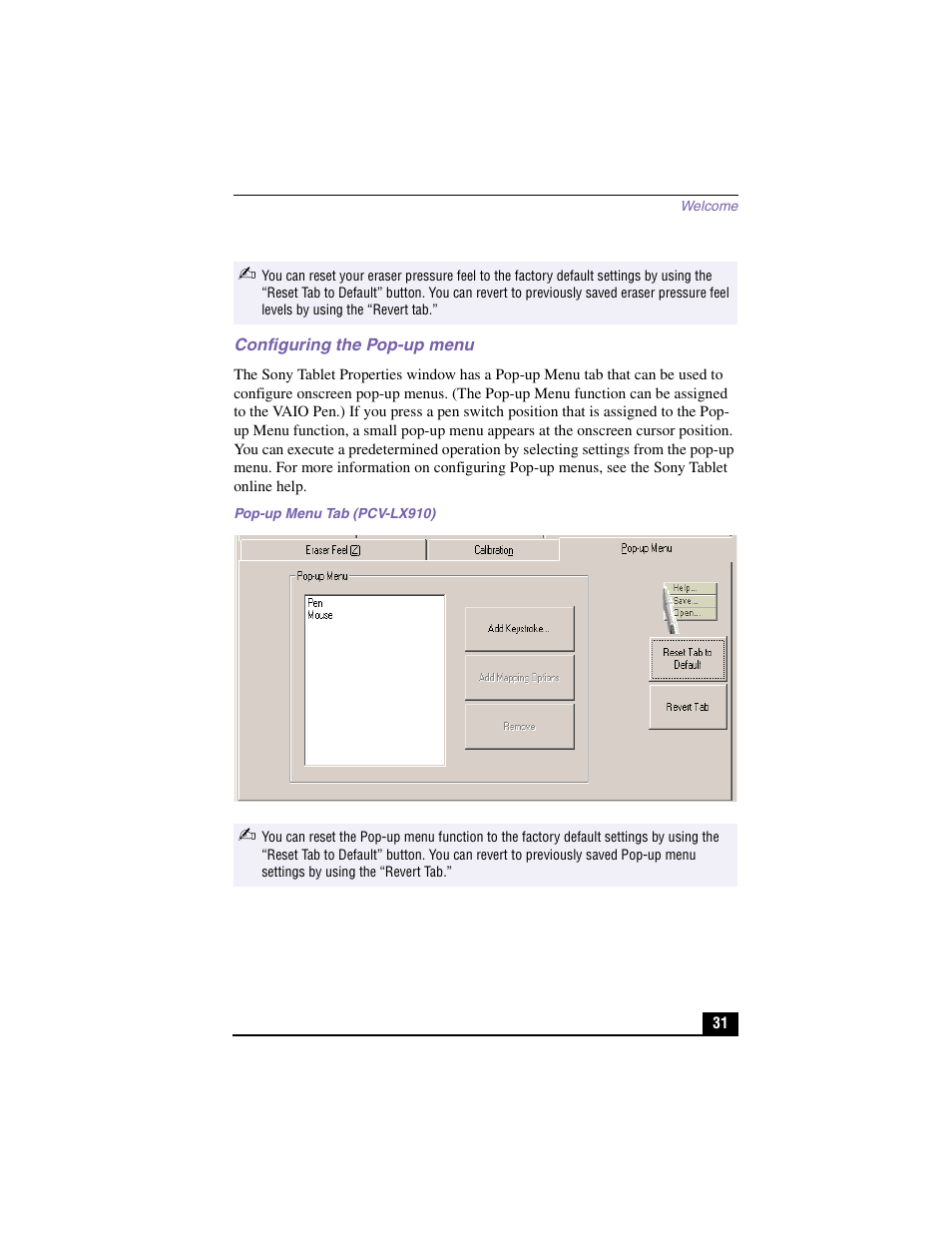 Configuring the pop-up menu, Pop-up menu tab (pcv-lx910) | Sony PCV-LX810 User Manual | Page 31 / 124